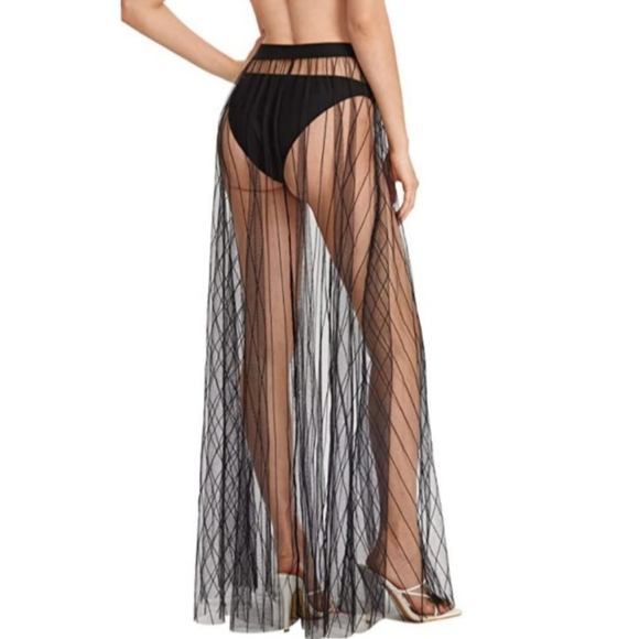 NWT Sheer Black Mesh High Waisted Beach Coverup Lingerie Maxi Floor Length Skirt - Picture 7 of 9